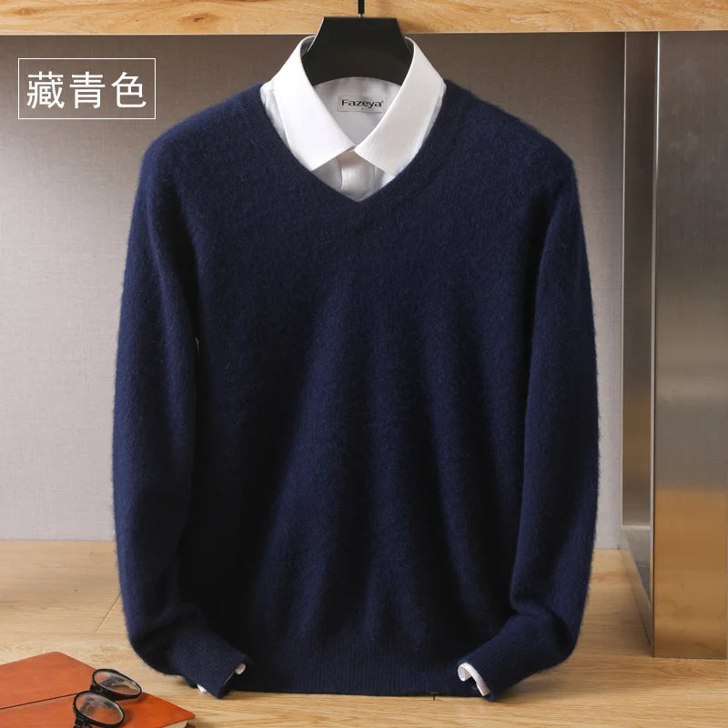 100% Pure Mink Cashmere Sweater Men's V-Neck Pullovers Knit Large Size Mink Sweater Winter New Long Sleeve High-End Jumpers Tops