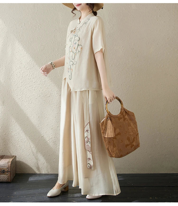 New National Style Heavy Embroidery  Set Women Summer Loose plus Size Fringed Wide Leg Pants Skirt Slimming Two Piece Set