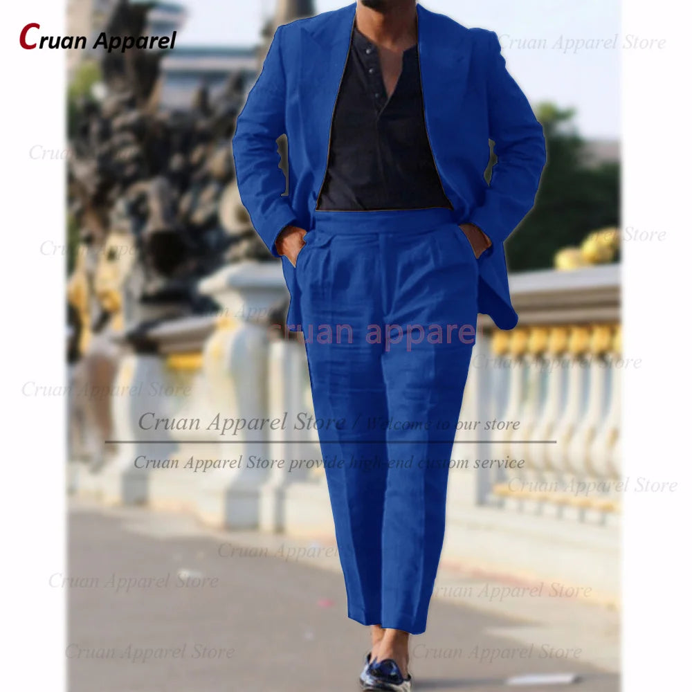 Classic Summer Linen Suit Sets For Men Smart Casual Blazer And Pants 2 Pieces Formal Evening  Fashion Slim Fit Suit Attire