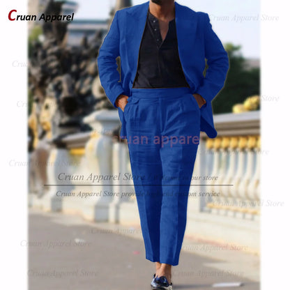 Classic Summer Linen Suit Sets For Men Smart Casual Blazer And Pants 2 Pieces Formal Evening  Fashion Slim Fit Suit Attire