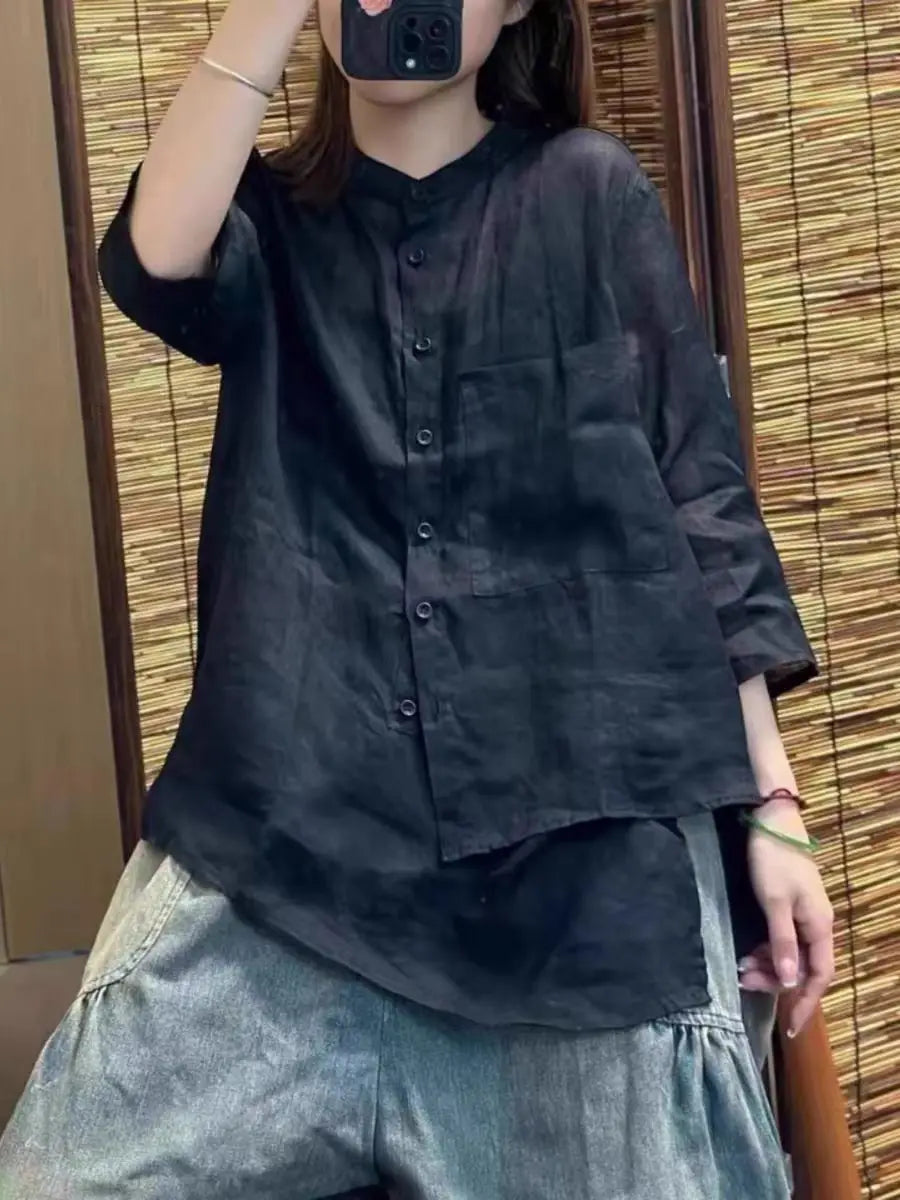 Summer Thin Retro Artistic Flax Stand Collar Seven Sleeve Loose Slimming Asymmetrical Top Women's Shirt Comfortable Breathable
