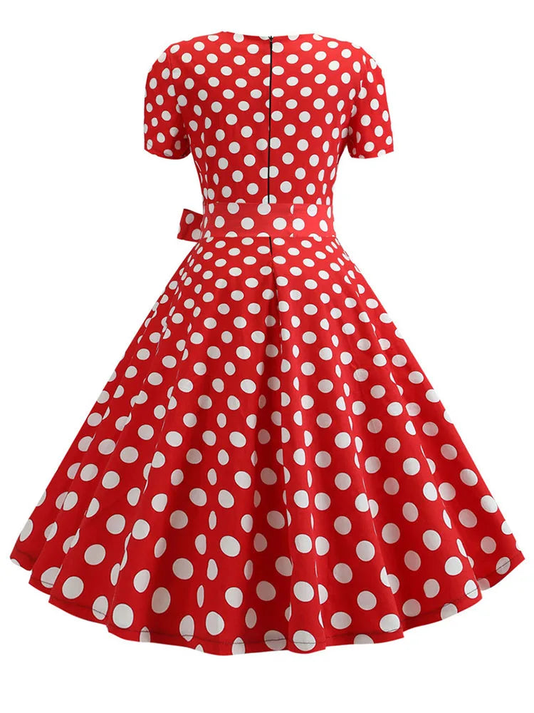 Women's Polka Dot Summer Midi Dress Square Collar Short Sleeve Elegant Vintage Casual Party Holiday Wear