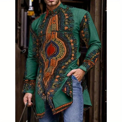 2026 Muslim Tops Men's Ethnic Style Long-sleeved Stand-up Collar Shirts Casual Slim Irregular Hem Blouses Male Morocco Dubai Top