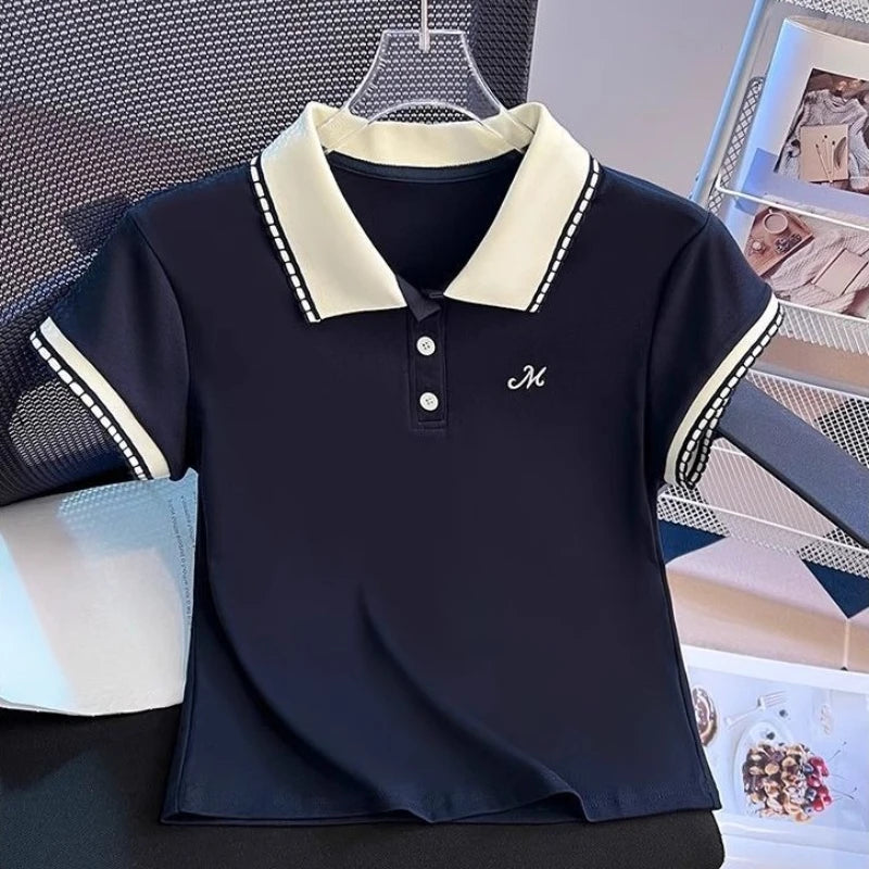 Women's Summer Straight Shoulder Cotton Polo Collar Short Sleeve T Shirt Color Block Slim Fit Slimming Short Top