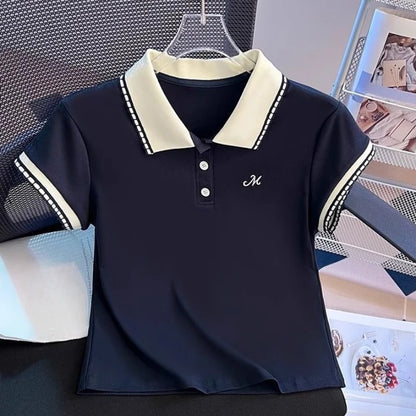 Women's Summer Straight Shoulder Cotton Polo Collar Short Sleeve T Shirt Color Block Slim Fit Slimming Short Top