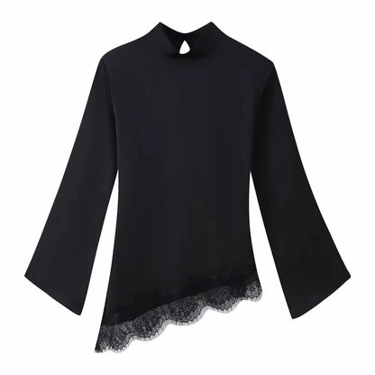 Women Casual Lace Patchwork Hem Lace-up Tops Women's Slim Waist-cinching Blouse New Ladies Spring Solid Elegant Blouses ﻿