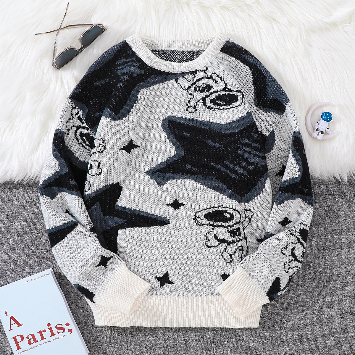 New Trendy Spring and Autumn Astronaut Reaching for the Stars Jacquard Pattern Pullover Sweater, Casual Round-Neck Color-Block Knit Men's Pullover, Suitable for Everyday Wear, Unisex Top for Going Out, Regular Fit, Suitable f