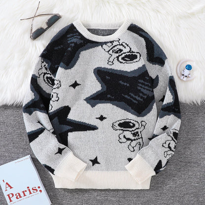 New Trendy Spring and Autumn Astronaut Reaching for the Stars Jacquard Pattern Pullover Sweater, Casual Round-Neck Color-Block Knit Men's Pullover, Suitable for Everyday Wear, Unisex Top for Going Out, Regular Fit, Suitable f