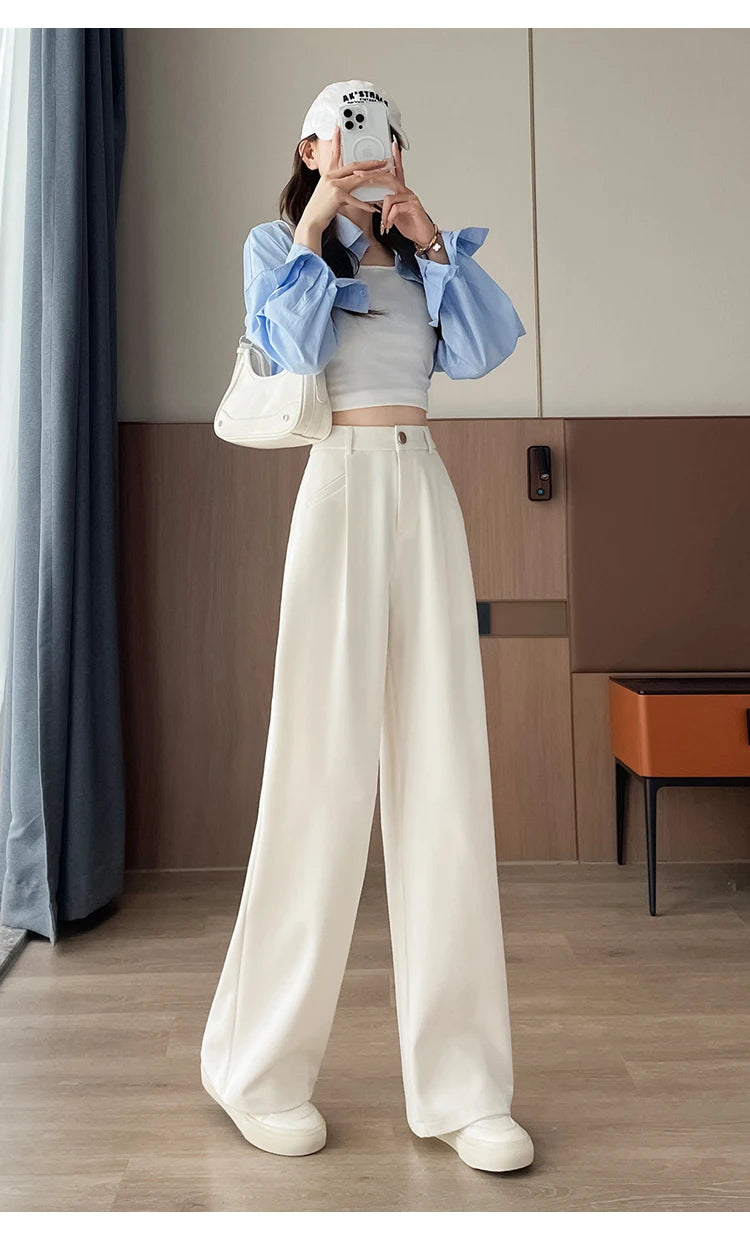Seoulish Autumn Elegant Women's Wide Leg Pants 2024 New Korean Solid Button Casual Loose Office Full Length Trousers Female