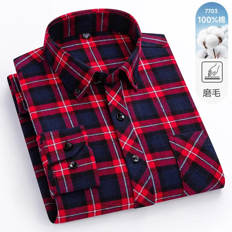 New Flannel Plaid Long Sleeve Men Casual Shirts Autumn Winter Fashion Plus Size Regular Fit Smart Dress Shirts Daily Clothes Top