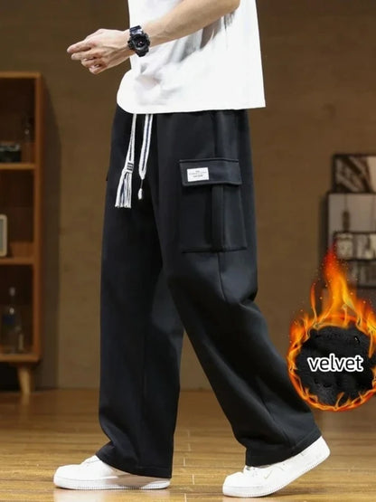 Winter Velvet Fleece Sweatpants Men Baggy Joggers Cargo Pants Neutral Breathable Loose Outdoor Solid Color Wide Legged Trousers
