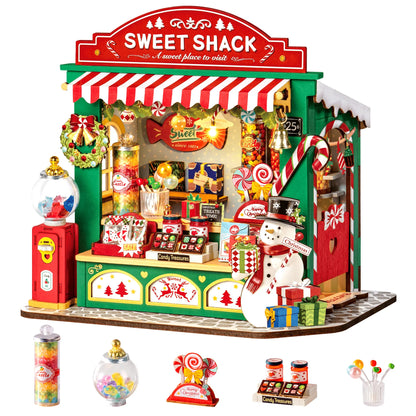 Rolife DIY Miniature House Kit Christmas Candy Stand Dollhouse Model Building Kit Wooden 3D Puzzle Toy Christmas Gift for Adults