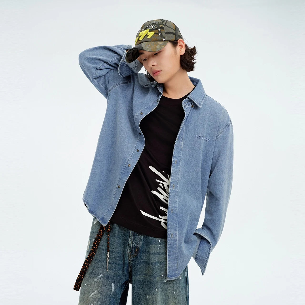 Metersbonwe Men's 2026 Spring Loose Lapel Long Sleeves Shirt Comfort Vintage Denim Light Blue Jacket Classic Casual Fashion Top