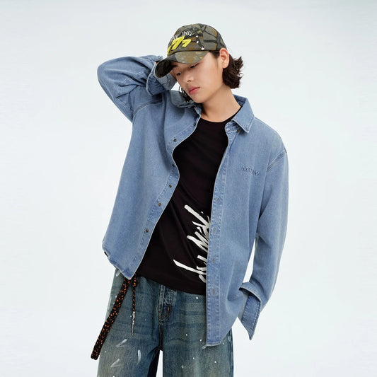 Metersbonwe Men's 2026 Spring Loose Lapel Long Sleeves Shirt Comfort Vintage Denim Light Blue Jacket Classic Casual Fashion Top