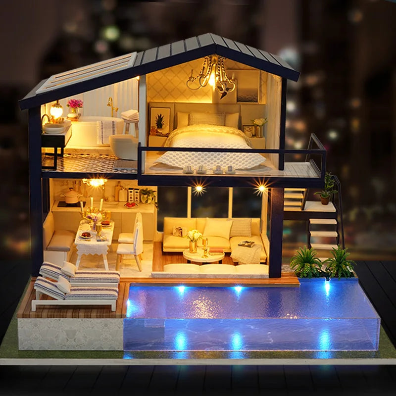 DIY Wooden Dollhouse Mini Building Kit Handmade Doll House Case Model 3D Puzzle Assembly With Furniture Toys For Christmas Gifts