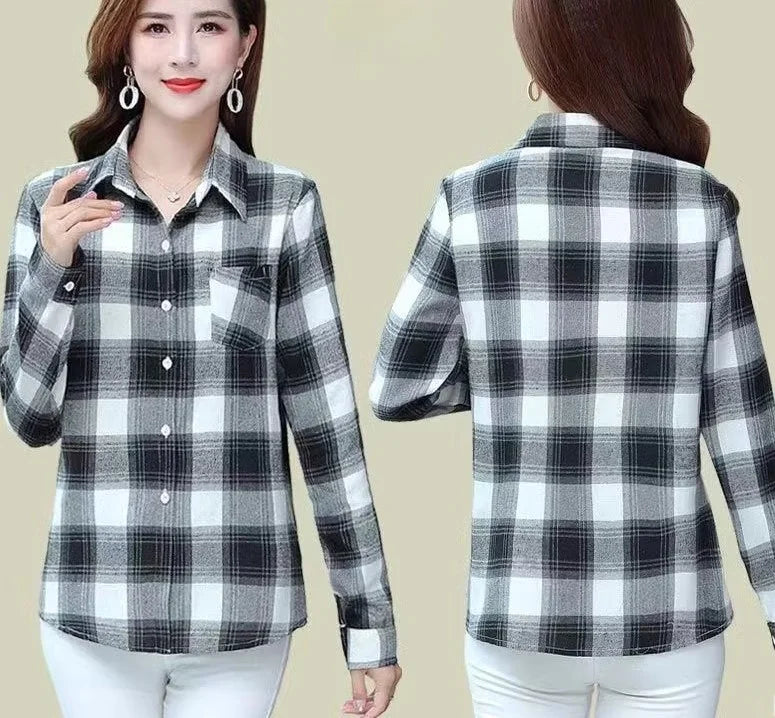 Loose Long Sleeve Mom Shirt Women's New Style Slimming Age-Defying Outerwear Versatile Early Autumn Plaid Outfit  Collar