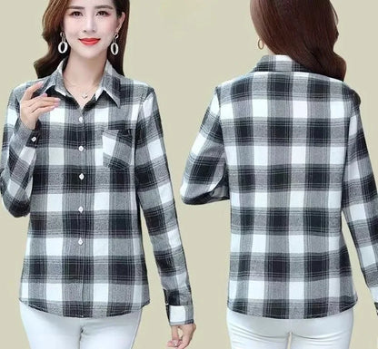 Loose Long Sleeve Mom Shirt Women's New Style Slimming Age-Defying Outerwear Versatile Early Autumn Plaid Outfit  Collar