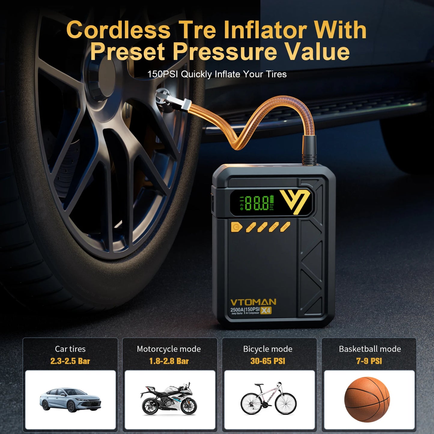 VTOMAN X4 Car Jump Starter 2500A Car Power Bank 4 In 1 with Portable Air Compressor Car Starter Booster for 8.5L Gas/6.0L Diesel