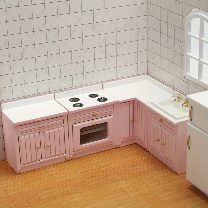 Playdoll House Miniature Furniture Kitchen Set with Wooden Pink Cabinet and Sink