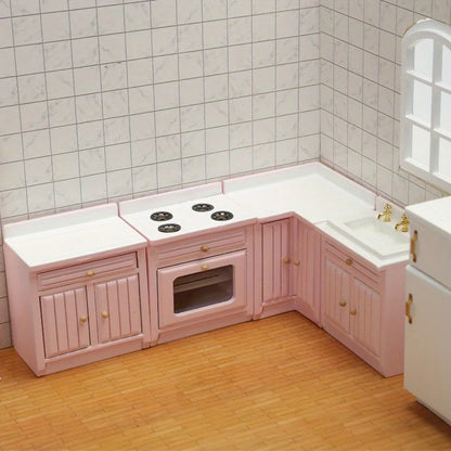 Playdoll House Miniature Furniture Kitchen Set with Wooden Pink Cabinet and Sink