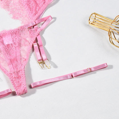 Ellolace Solid Lingeries Sexy Hot Elegant Bra Belt Thong 3PC with Leg Circles Cute Intimate Seductive Lace Tempted Underwear
