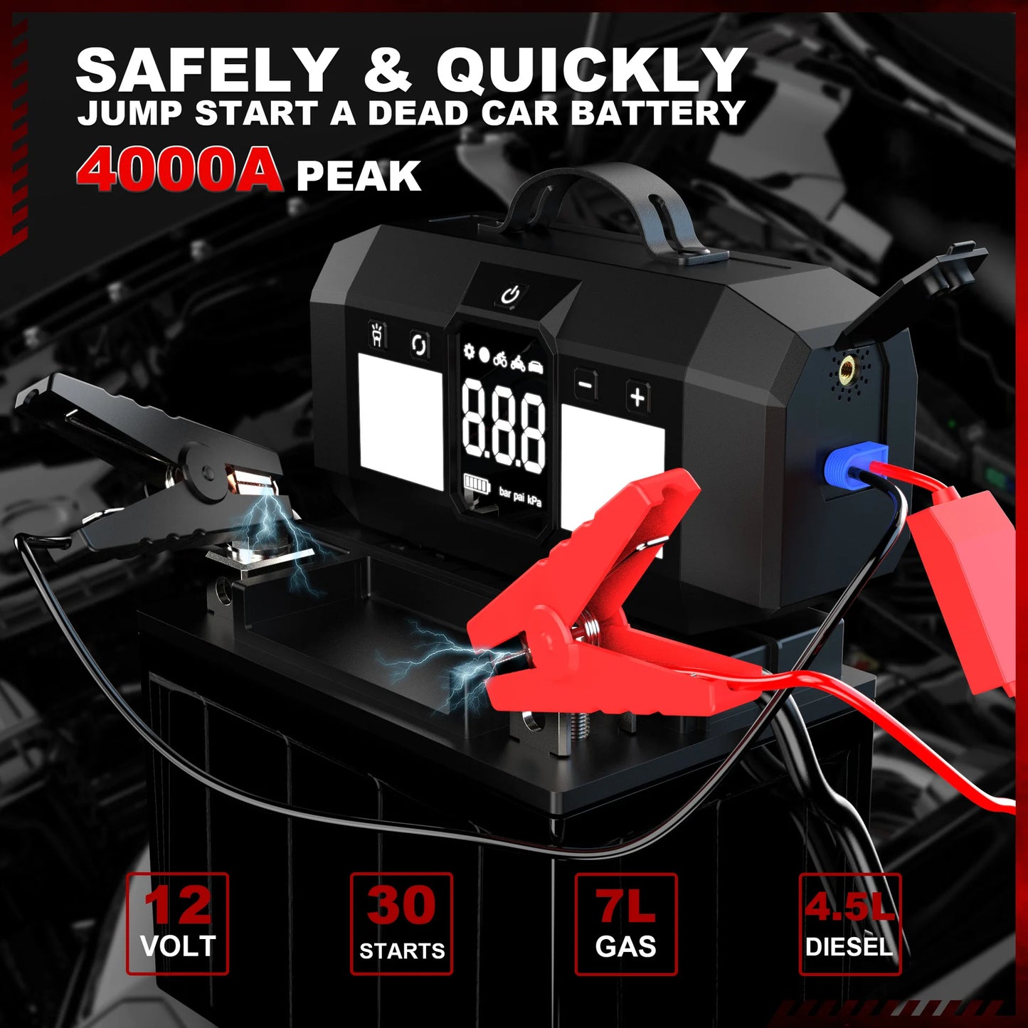 12V Car Jump Starter Equipped With Digital Display&Lighting,Jump Starter Battery With Air Pump Integrated Machine High Power