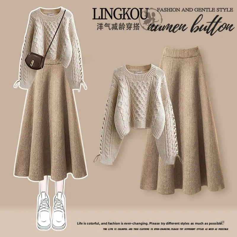 plus Size Autumn Casual Knitted Sweater And High Waist  Skirt Set Women's round Neck Slimming Fashion Two-Piece Ensemble