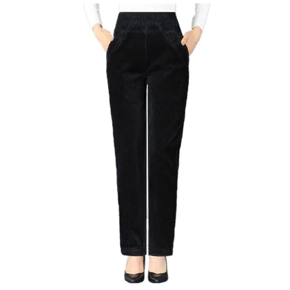 Thiened Fce Lined Corduroy Straight Leg Pants for Mom High Waist Korean Sle Commute Faion Winter Casual Trousers