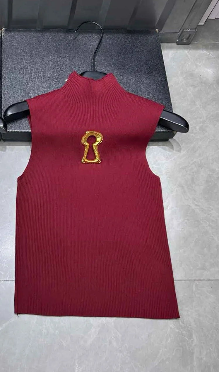 Spring Summer Solid Spliced Metal Buckle Slimming Knit Tshirt For Women Turtleneck Sleeveless Minimalist T Shirt Female Fashion