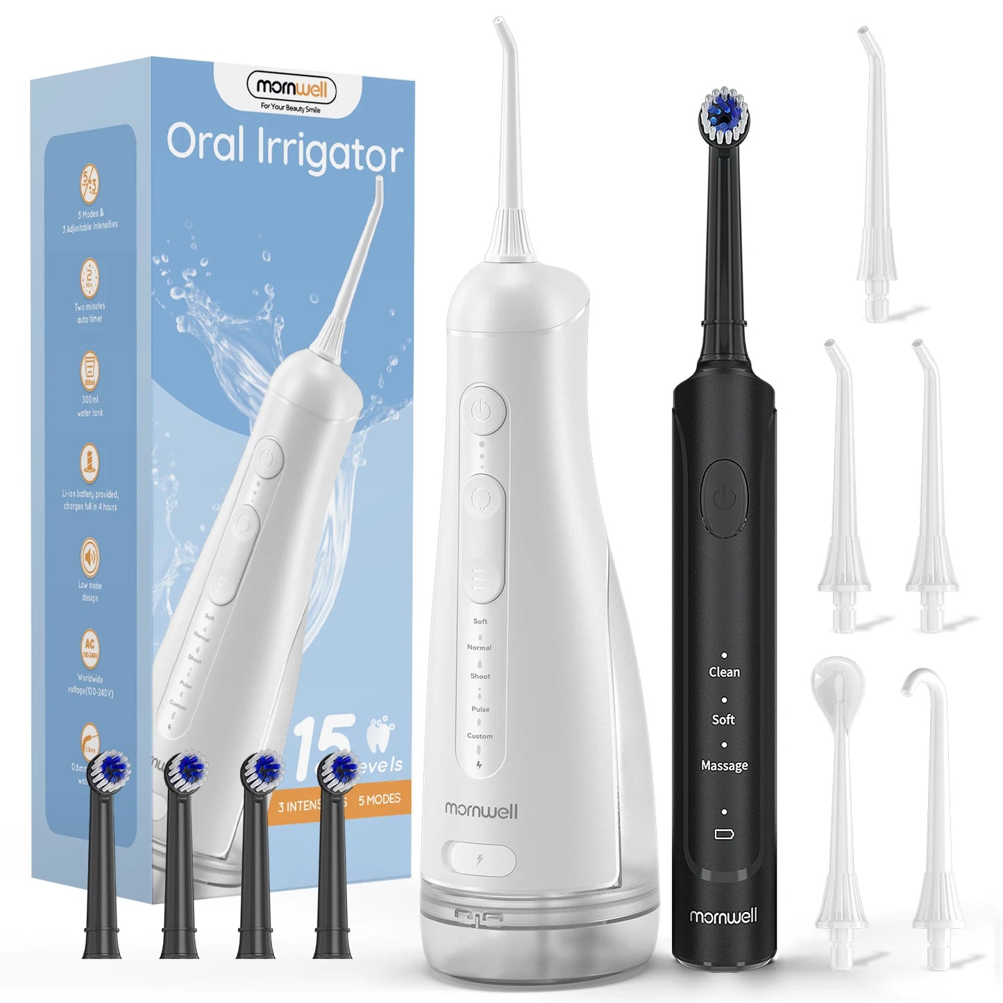 Mornwell 2.0 Electric Toothbrush & Water Flosser Combo, 6 Jet Tips, 4 Brush Heads, IPX7 Waterproof Design for Complete Oral Care