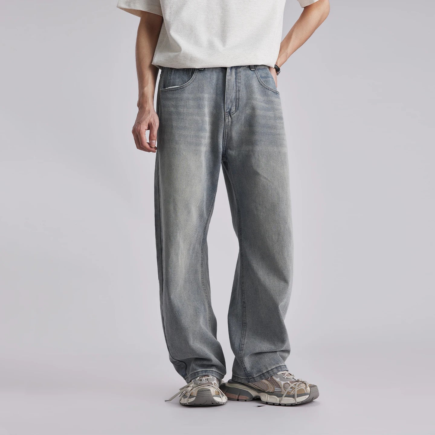 Men's Korean Style Draped Wide Leg Jeans 2026 Summer Elastic Waist Loose Curved Pants Streetwear Commuter Casual Long Trousers