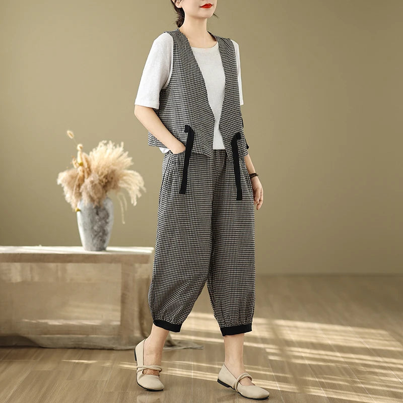 Fashionable Cotton Linen Plaid Set Casual Loose V-neck Tank Top And Lantern Pants Eighteen Loose Two-piece Set for Women