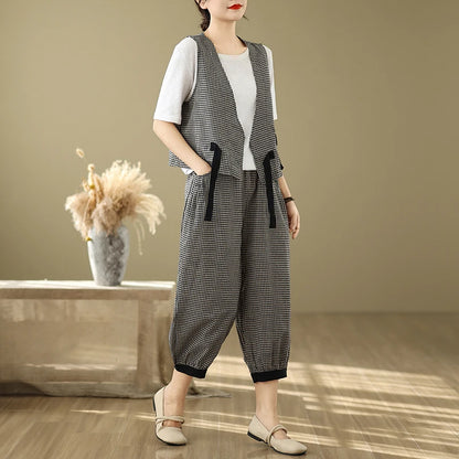 Fashionable Cotton Linen Plaid Set Casual Loose V-neck Tank Top And Lantern Pants Eighteen Loose Two-piece Set for Women