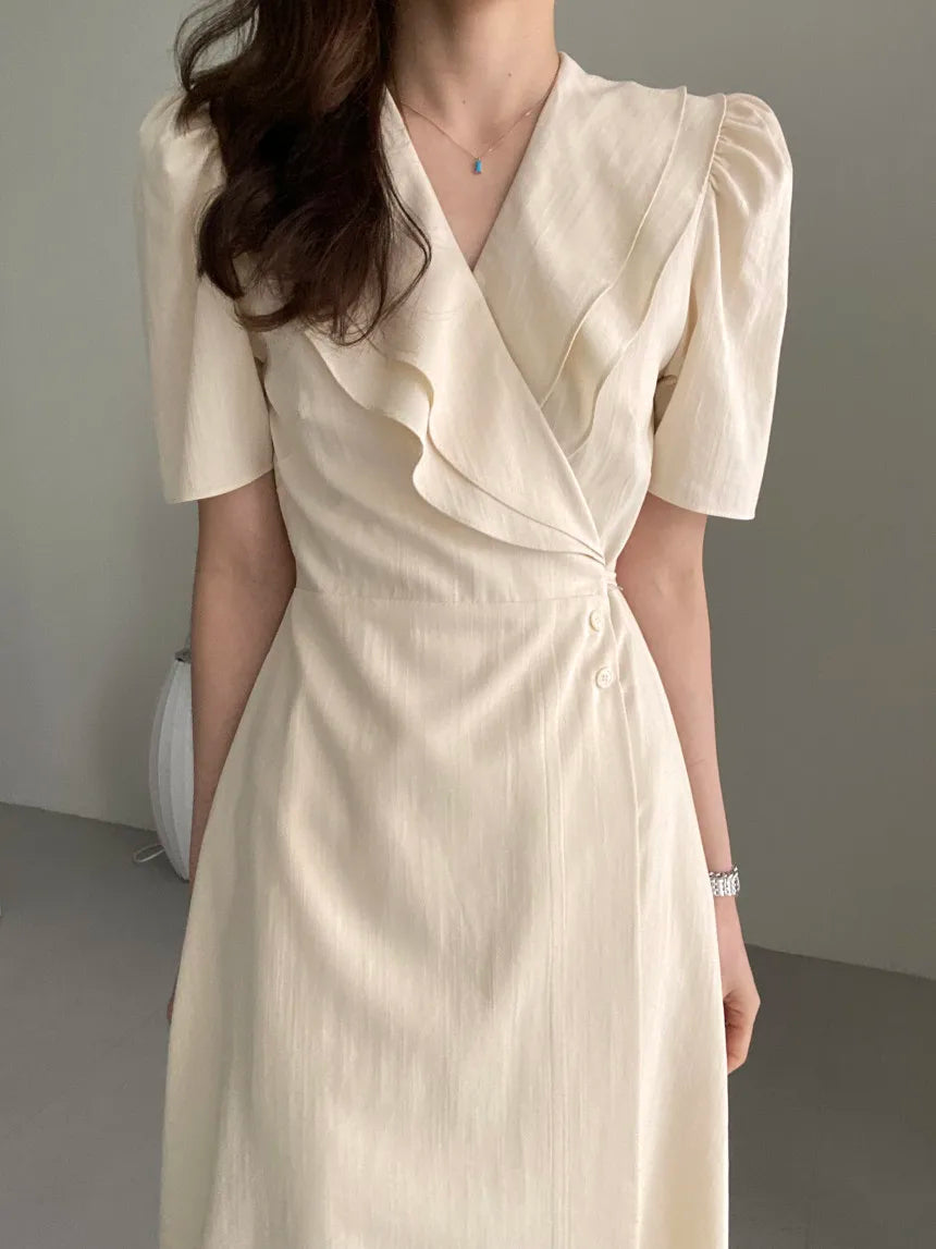 Retro Double Layered Collar Bubble Sleeve  Dress Elegant Short Sleeve V Neck Summer Casual Women's Dress