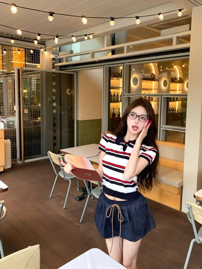 Miu Stripe  Neck Knitted Short Sleeve T-Shirt Women's Summer Design Sensible Short Style Korean Version Slim Fit Top
