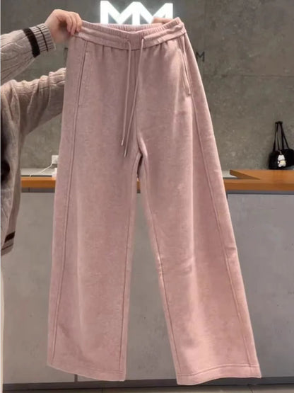 Pink Soft Fleece Lined Knitted Casual Pants Women's Autumn Winter Warm Slimming Drapey Drawstring Loose Fit Straight Leg Trou...