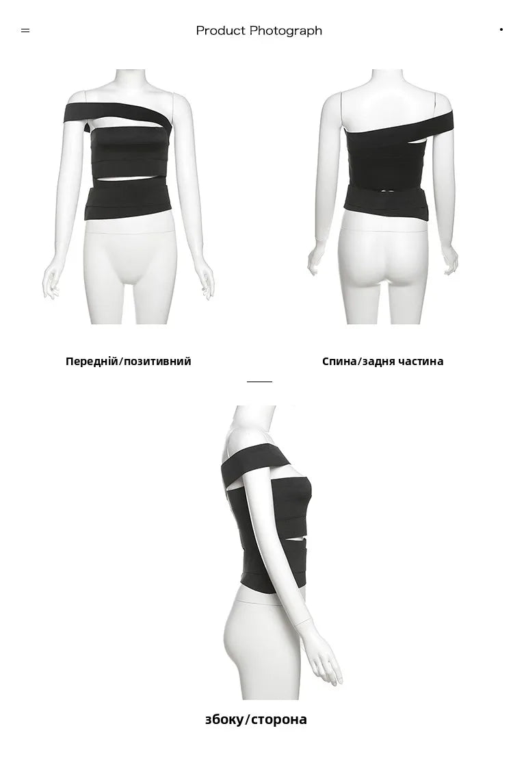 Sexy Shoulder Bared Slim Fit Vest for Women Dark Deconstructive Style Trendy Short Sleeve Top Casual Versatile Body Shaping