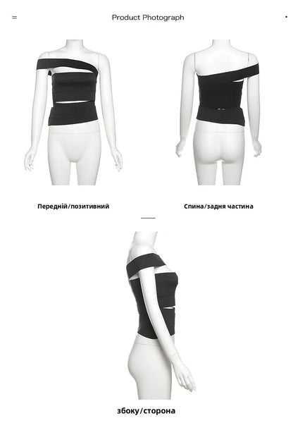 Sexy Shoulder Bared Slim Fit Vest for Women Dark Deconstructive Style Trendy Short Sleeve Top Casual Versatile Body Shaping