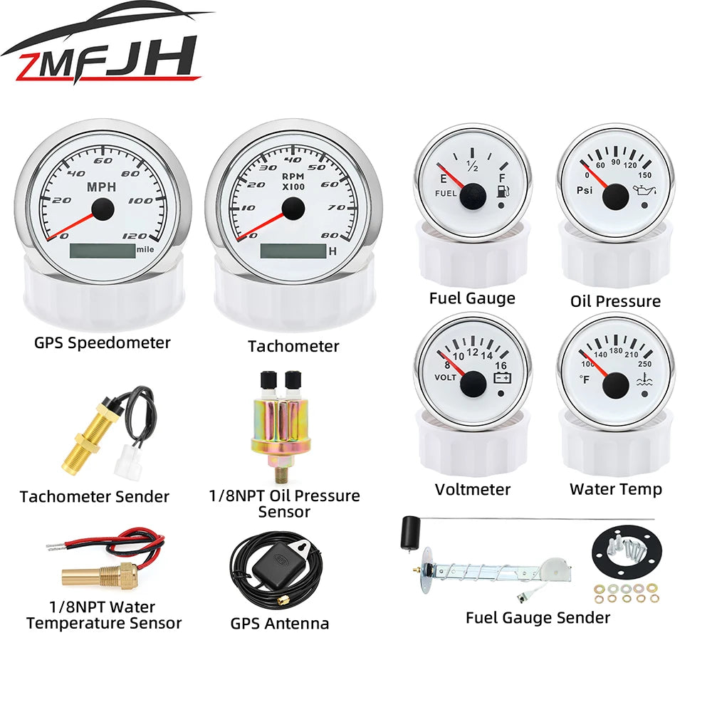 6 Gauge Set Tachometer Fuel Level Oil Pressure Water Temp Voltmeter GPS Speedometer With Sensors For Marine Car Boat Customized