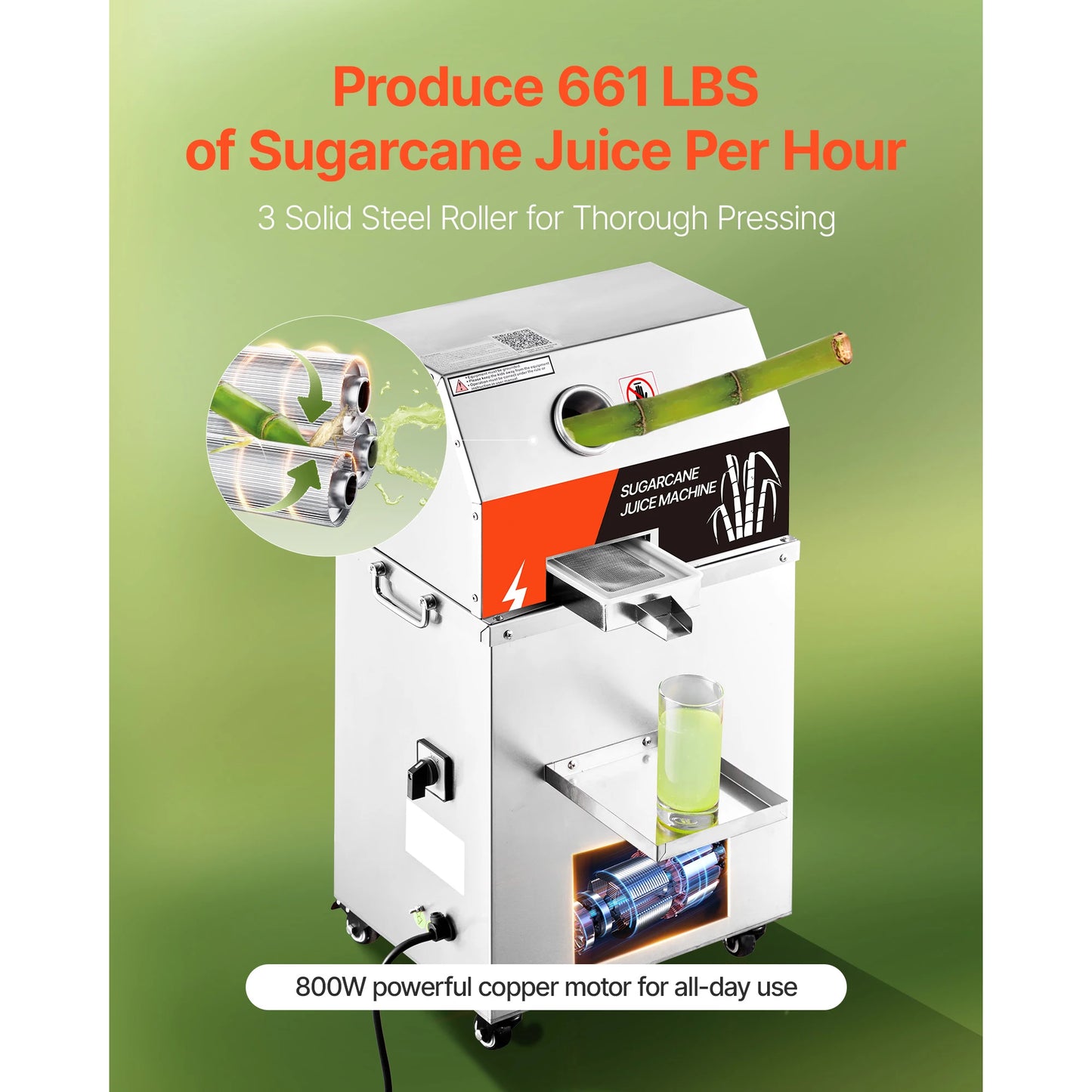 SucceBuy Commercial Sugar Cane Juicer 800W Electric Sugarcane Juicer Machine with 661LBS/H High Output 3 Stainless Steel Rollers Sugar Cane Press Juice Extractor Squeezer on Wheels for Home Commercial