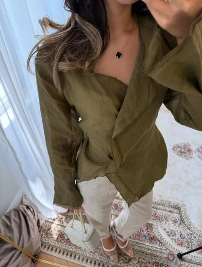 Fashion Red Cotton Linen Shirts Women V-Neck Long Sleeve Bandage Thin Blouses 2026 New Spring Summer Cotton Chic Tops For Women