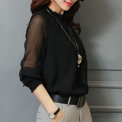 Spring Summer New Style Sexy Large Size Fashionable Mesh Chiffon Top with Lace Trim Stand Collar Base Shirt Women's Top