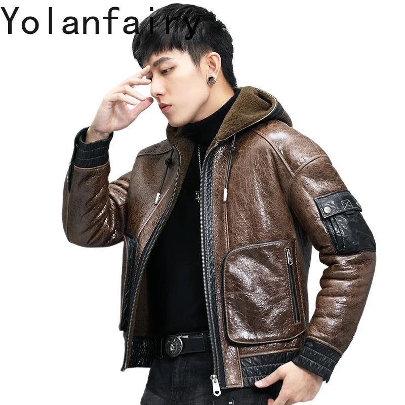 YOLANFAIRY Genuine Sheepskin Fur Coat Man with Hood Luxury Winter Mens Genuine Leather Jacket Motorcycle Short Natural Fur Coats