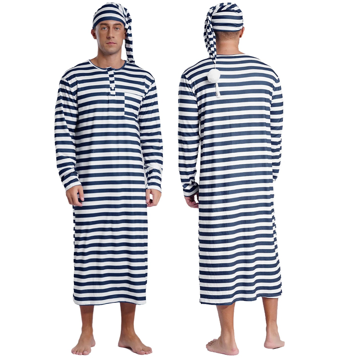Mens Striped Long Sleeve Nightshirts Sleepwear Round Neck Loose Pajamas Robe Sleepshirt with Night Cap Christmas Loungewear