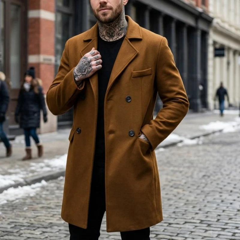 Winter Men's Wool Blends Double-Breasted Knee-Length Trench Coat  Timeless Business-Casual Long-Length Outerwear Jacket for Men