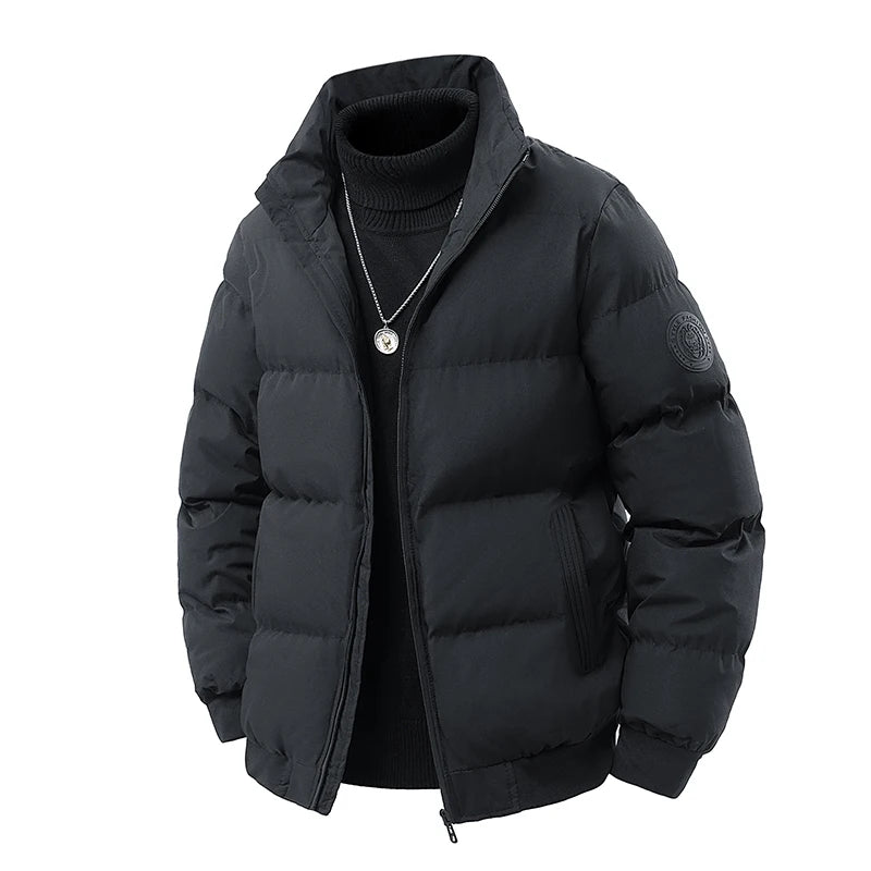 Men's 3D Quilted Puffer Jacket, Thickened Cotton Winter Coat, Stand Collar Warm Outerwear Cold Weather / Daily Wear