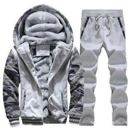 Men's Winter Jackets Thick Warm Jacket Brand Sportswear Coat Pants Solid Color Fleece Zipper Hooded Long Sleeved Male Outerwear