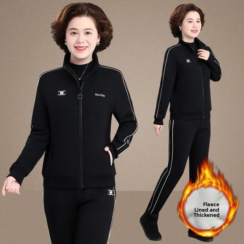 Thickened Fleece Lined Casual Sportswear Set for Middle-Aged Women Autumn Winter Two-Piece Suit Loose Fit Long Pants Zipper C...