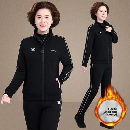 Thickened Fleece Lined Casual Sportswear Set for Middle-Aged Women Autumn Winter Two-Piece Suit Loose Fit Long Pants Zipper C...