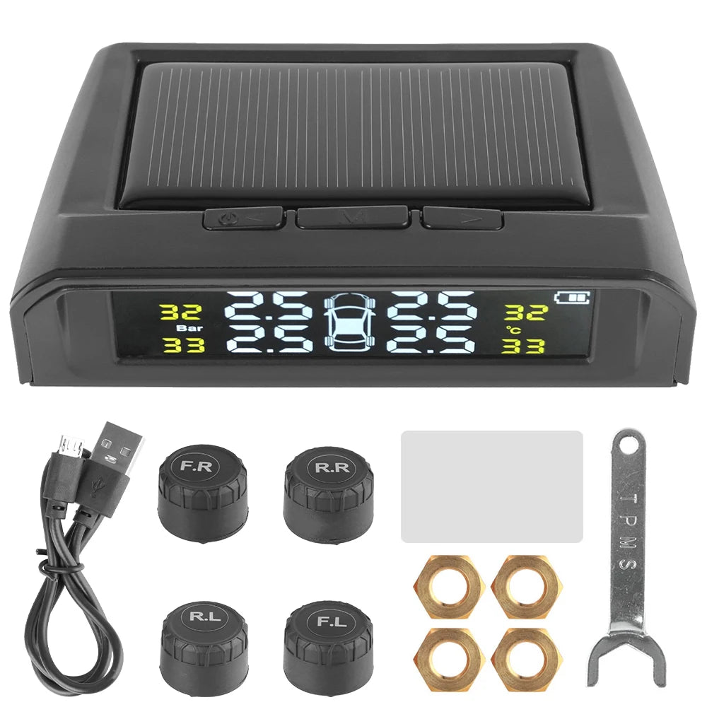 USB Solar Powered Intelligent Temperature Warning LCD Display + 4 External Sensors Car TPMS Wireless Tire Pressure System